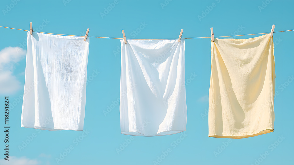 Hanging bed sheets to dry in the wind with clothespins, 0n light blu sky background. Laundry Hanging bed sheets to dry in the wind with clothespins, 0n light blu sky background. Laundry