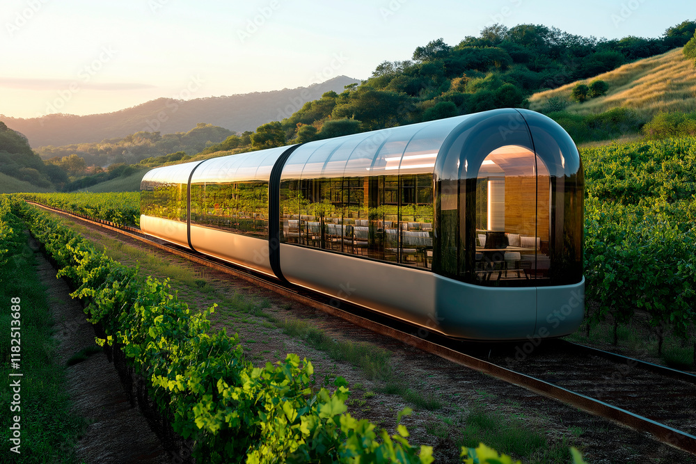 Naklejka premium Modern Train Traveling Through Vineyard