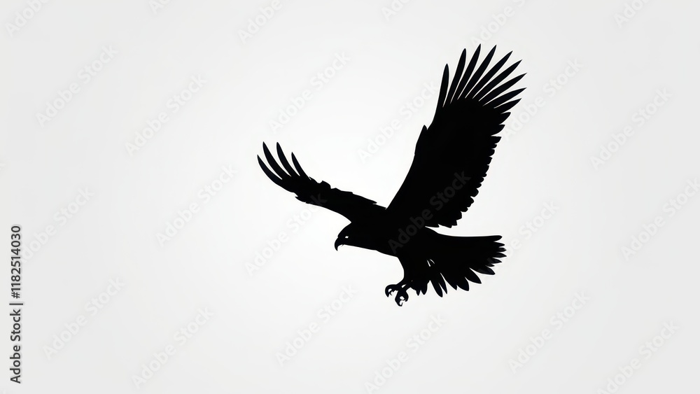 Obraz premium Black silhouette of a soaring bird with wide-spread wings against a light background.