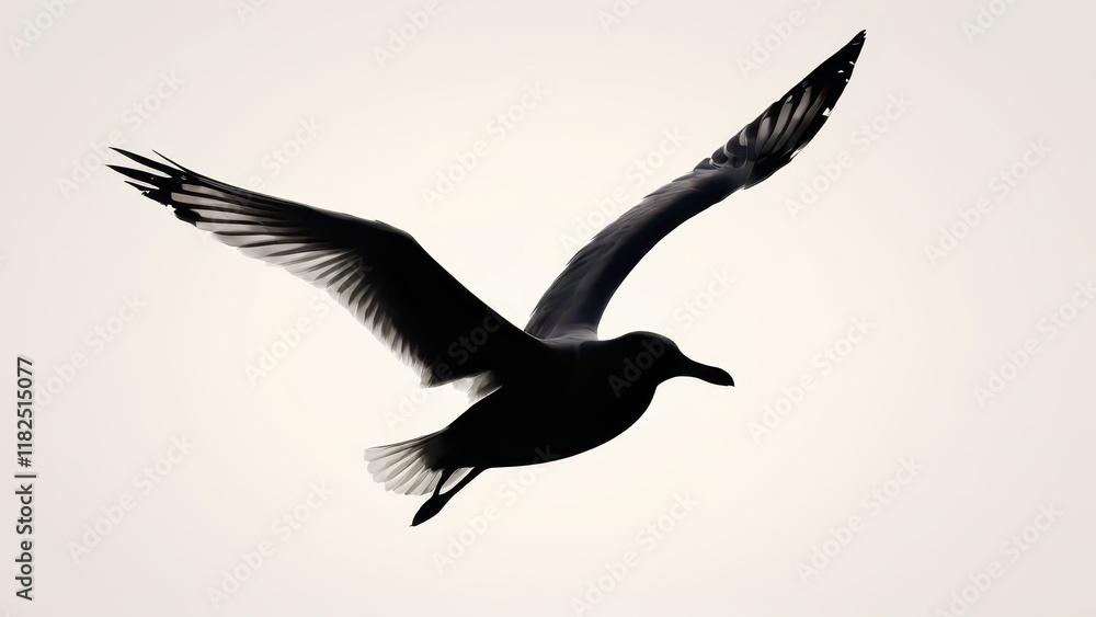 Fototapeta premium Artistic silhouette of a seagull mid-flight, showcasing detailed feathers and wings.