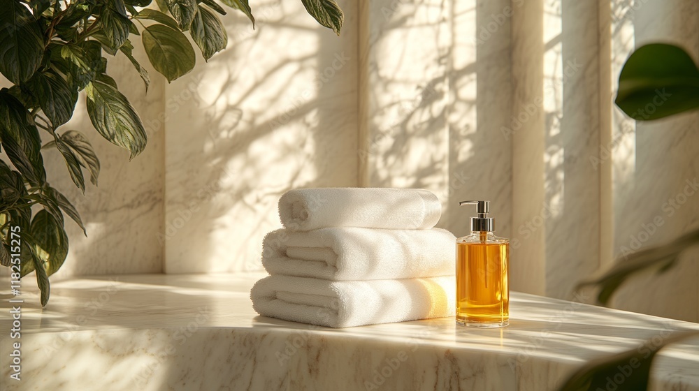 Luxurious spa setting with soft towels and scented oil on marble Luxurious spa setting with soft towels and scented oil on marble