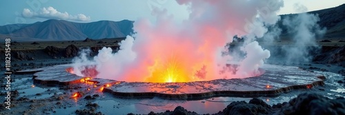 Steamy fumarole emitting white plumes near volcano, steam, eruption photo