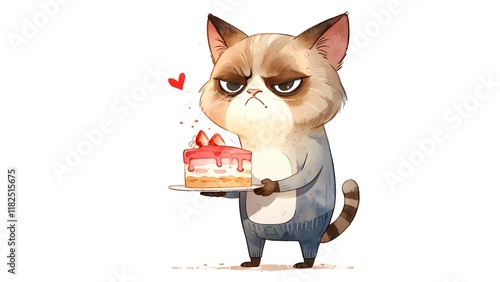 Grumpy Cat with Cake and Heart – A Sweet Yet Sour Moment photo