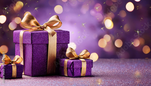 festive christmas heritage glittering purple gift containers with golden bows on a sparkling backdrop photo