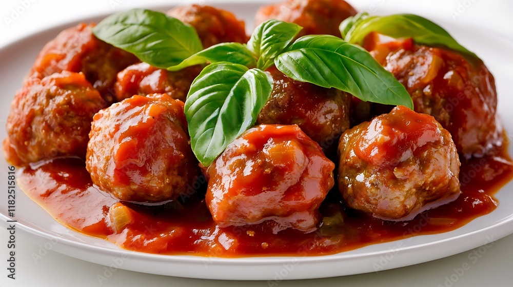 Meatballs in rich tomato sauce garnished with basil leaves presented on a white background. Meatballs in rich tomato sauce garnished with basil leaves presented on a white background.