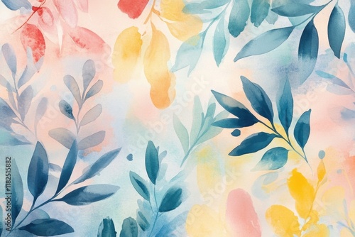 Colorful botanical artwork featuring vibrant leaves and delicate petals in soothing pastel hues