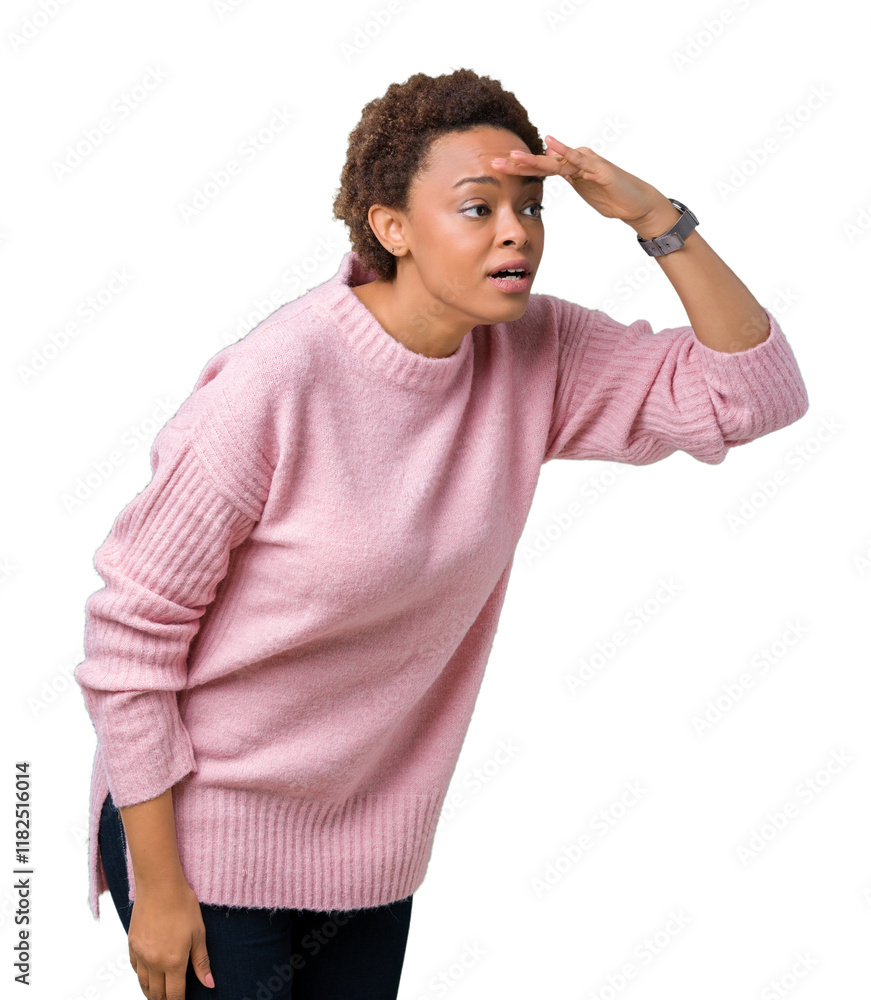 © Krakenimages.com - Beautiful young african american woman over isolated background very happy and smiling looking far away with hand over head. Searching concept.