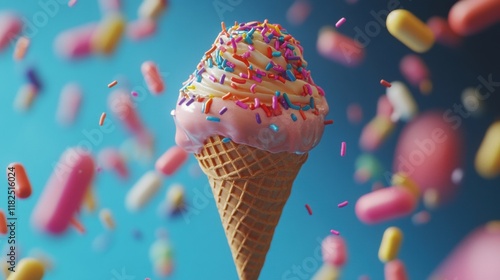 Whimsical Ice Cream Cone, a vibrant cone adorned with colorful sprinkles, magically suspended against a playful backdrop, evoking joy and delight photo