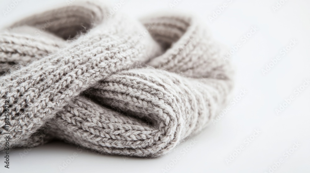 Soft beige knitted scarf with ribbed texture on white background Soft beige knitted scarf with ribbed texture on white background