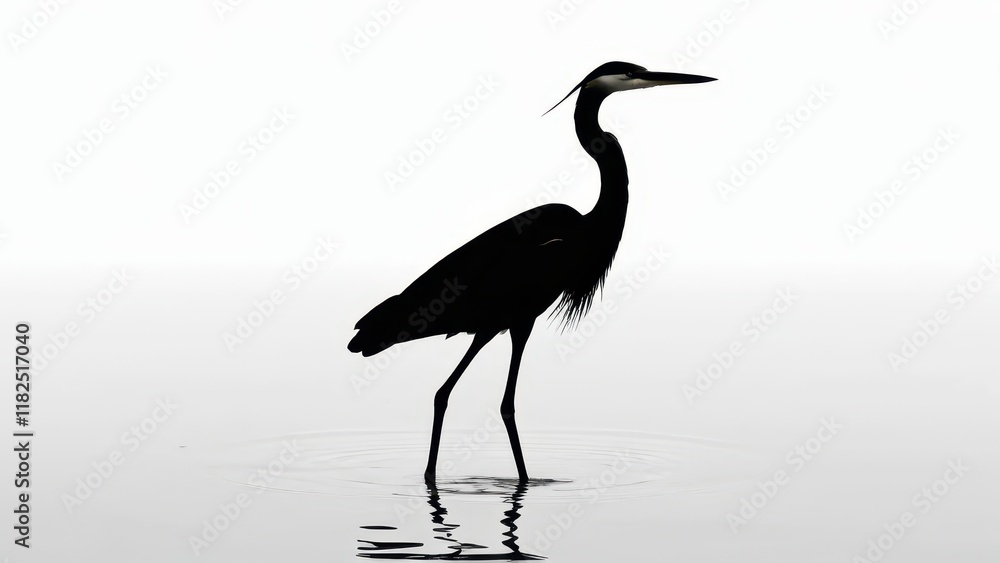 Fototapeta premium Artistic silhouette of a heron wading in calm water, ideal for nature themes.