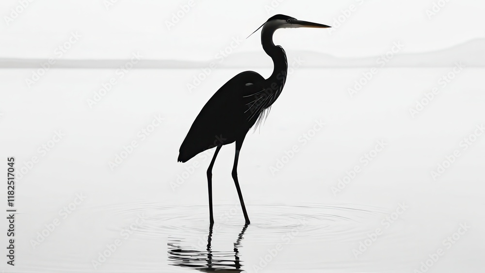 Fototapeta premium Graceful heron reflected in water, captured in a striking black silhouette design.