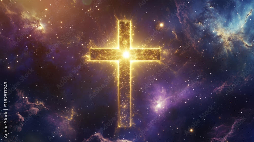 Bright cross illuminated in a cosmic space filled with stars and galaxies at night Bright cross illuminated in a cosmic space filled with stars and galaxies at night