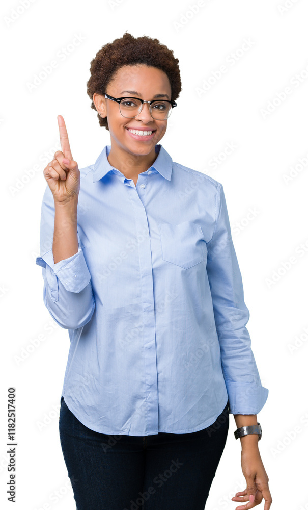 Young beautiful african american business woman over isolated background showing and pointing up with finger number one while smiling confident and happy. Young beautiful african american business woman over isolated background showing and pointing up with finger number one while smiling confident and happy.
