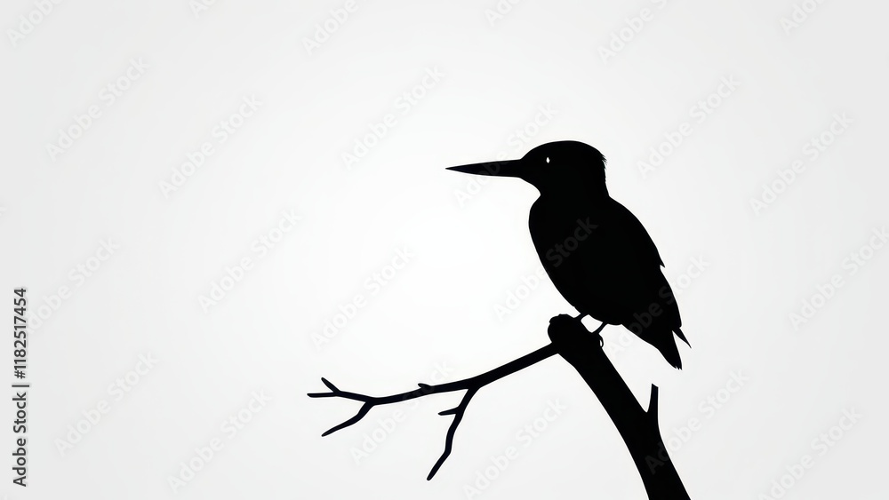 Fototapeta premium Kingfisher perched on a branch, depicted as a black silhouette against a white background.
