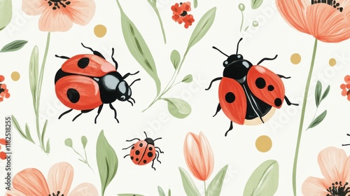 Playful botanical illustrations of ladybug beetles and flowers on white background