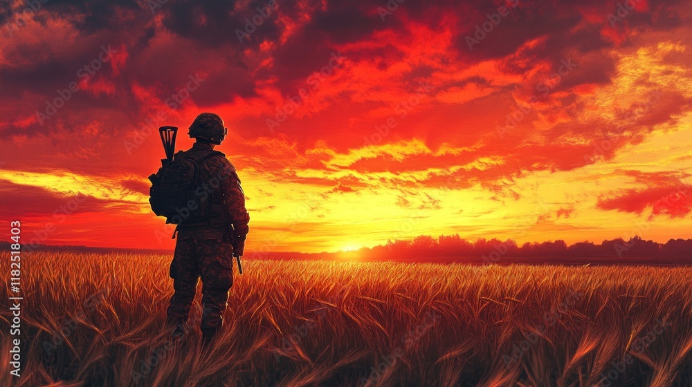 Fototapeta premium Soldier silhouette at sunset in field with dramatic sky