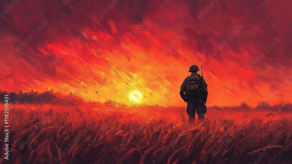 Fototapeta premium Solitary soldier silhouette at fiery sunset in open field