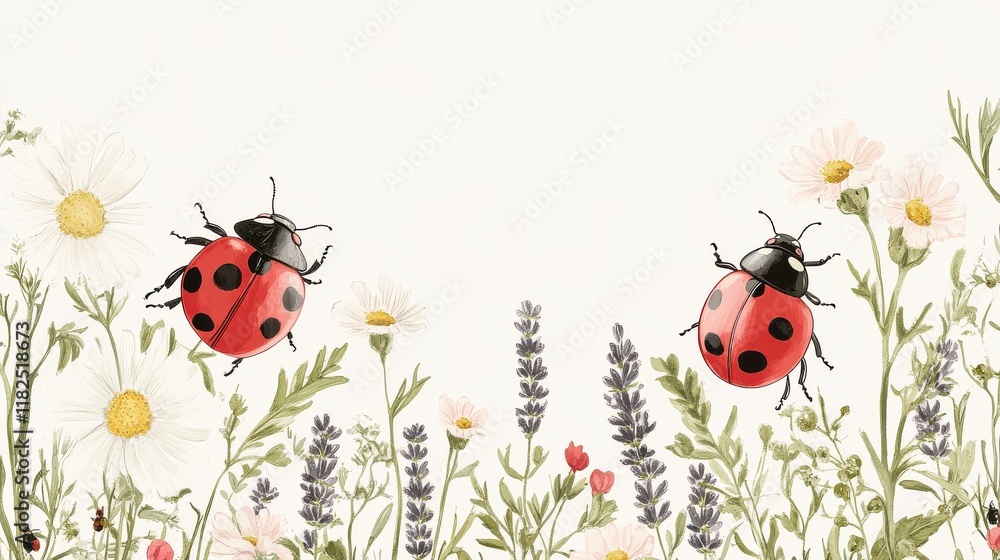 Playful ladybug and floral pattern design scandinavian style digital illustration soft white background creative concept Playful ladybug and floral pattern design scandinavian style digital illustration soft white background creative concept