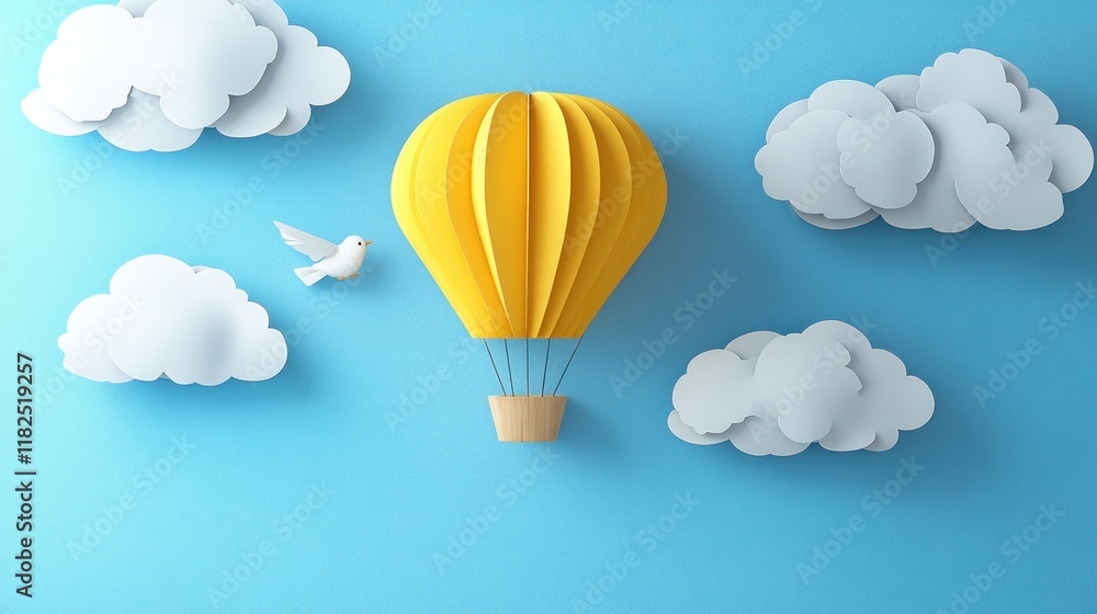 Obraz premium A vibrant yellow hot air balloon is surrounded by fluffy white clouds with a small bird flying nearby