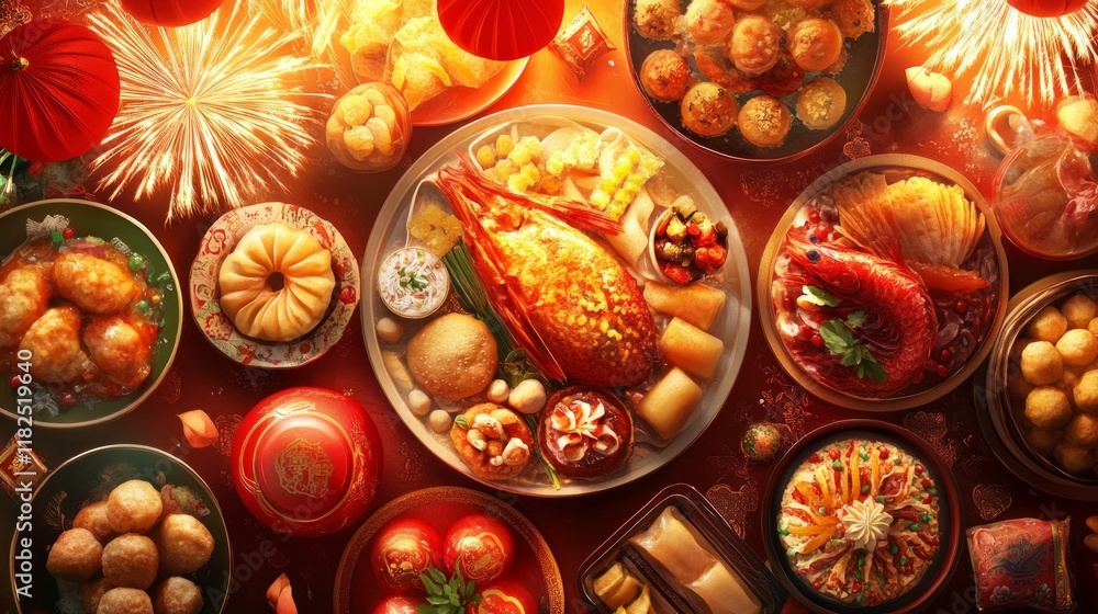 Fototapeta premium Festive asian new year feast with fireworks display