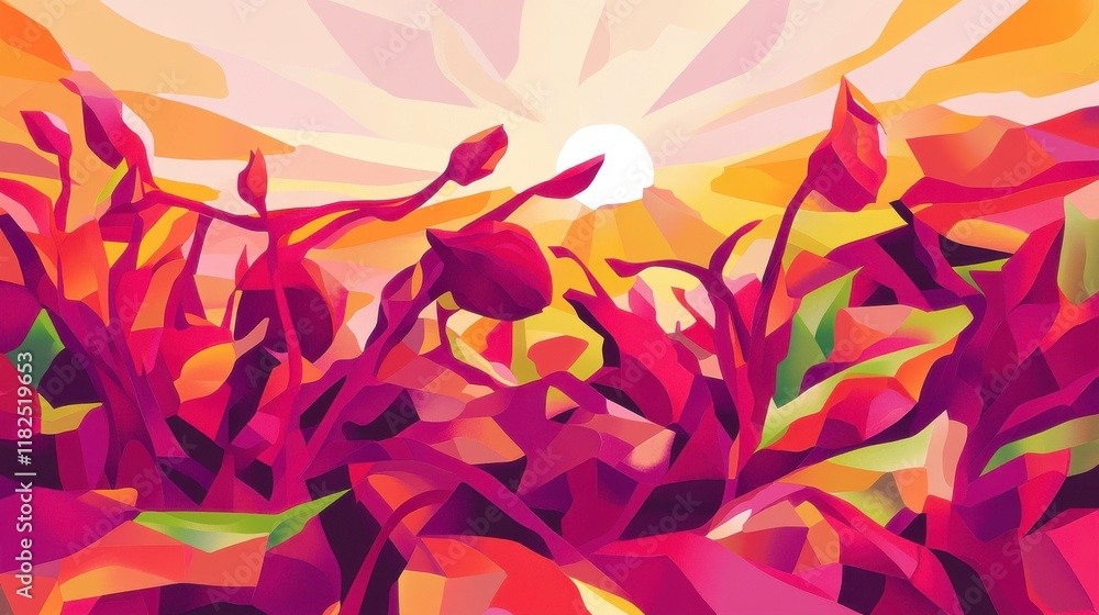 Abstract Floral Sunrise Landscape - Vibrant Geometric Flowers