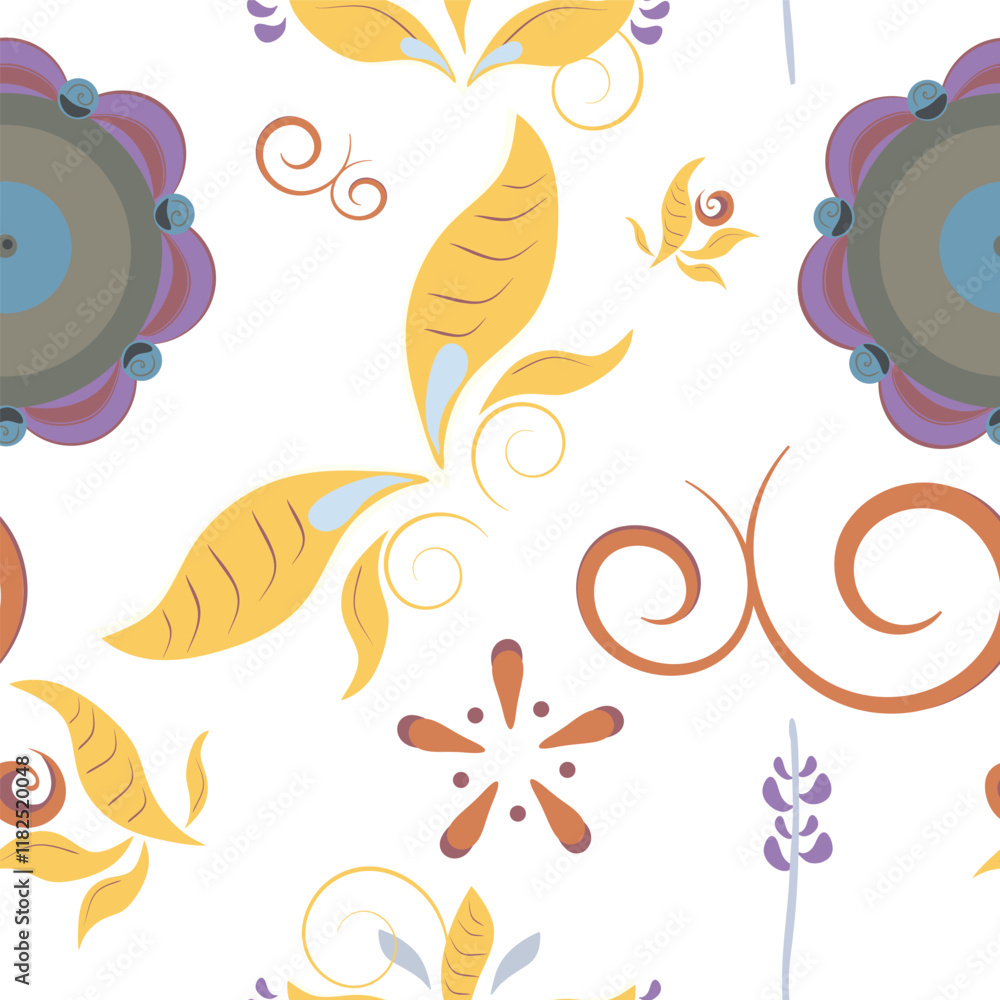 Fototapeta premium Stylized elements in the form of flowers, leaves, curls, reminiscent of the ancient Russian painting of the peoples of the north.