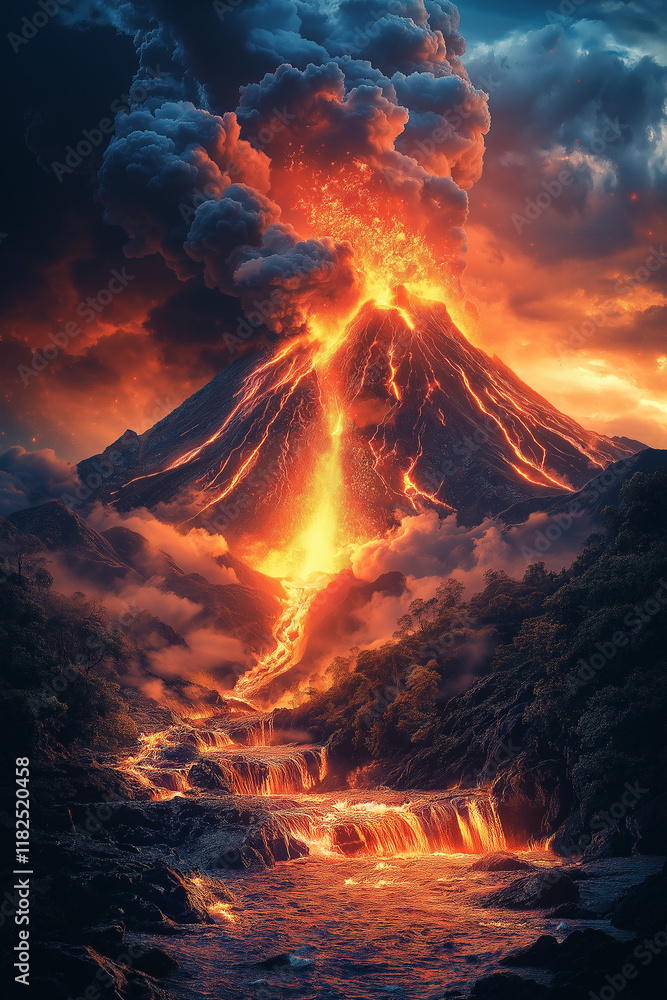 Volcan en éruption avec lave en fusion et fumée noire Volcan en éruption avec lave en fusion et fumée noire