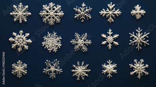 Fifteen white snowflakes arranged on a dark blue background.