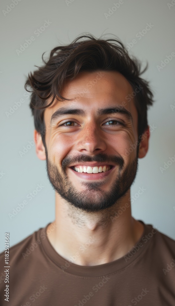A handsome young man with tousled hair and a warm smile radiates positivity against a soft, neutral background. His joyful expression captures the essence of happiness and approachability, inviting A handsome young man with tousled hair and a warm smile radiates positivity against a soft, neutral background. His joyful expression captures the essence of happiness and approachability, inviting