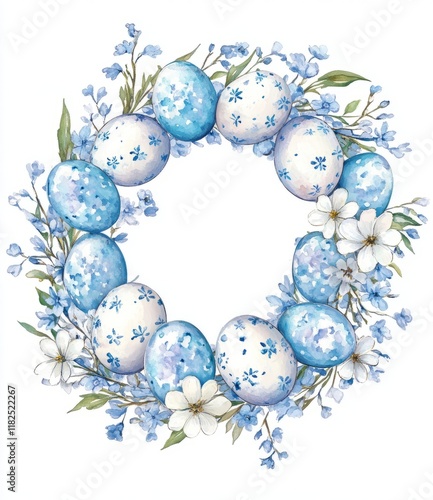 Elegant blue and white floral easter egg wreath with delicate flowers photo