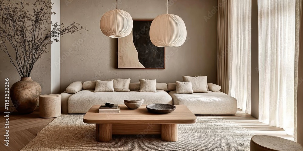 Obraz premium Minimalist living room, neutral tones, spherical pendant lights, beige sofa, large wood coffee table, floor-to-ceiling windows, soft natural lighting, earthy color palette, zen atmosphere, organic sha