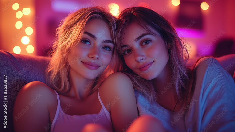 Lesbian couple sitting on a sofa, one partner resting their feet in the other’s lap while watching a movie, cozy atmosphere, bright lighting, contrast and smooth lines Lesbian couple sitting on a sofa, one partner resting their feet in the other’s lap while watching a movie, cozy atmosphere, bright lighting, contrast and smooth lines