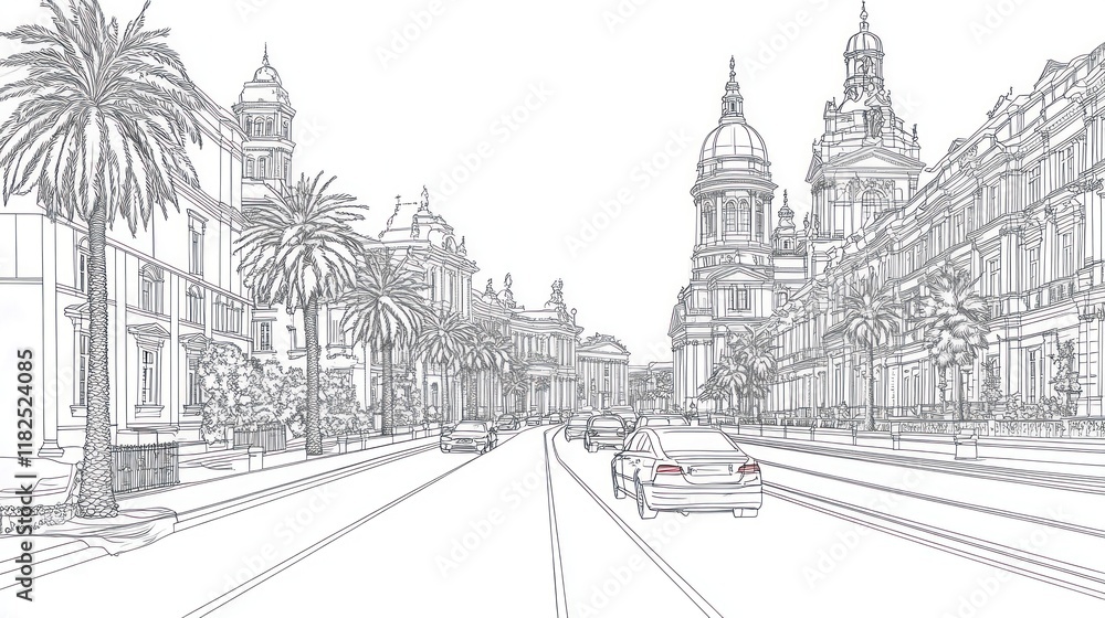 City street sketch Cars driving down palm-lined avenue with grand buildings, urban development concept City street sketch Cars driving down palm-lined avenue with grand buildings, urban development concept