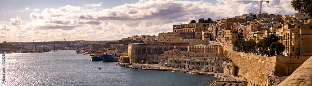 Aerial panorama in Malta during winter holidays at Fort Lascaris.