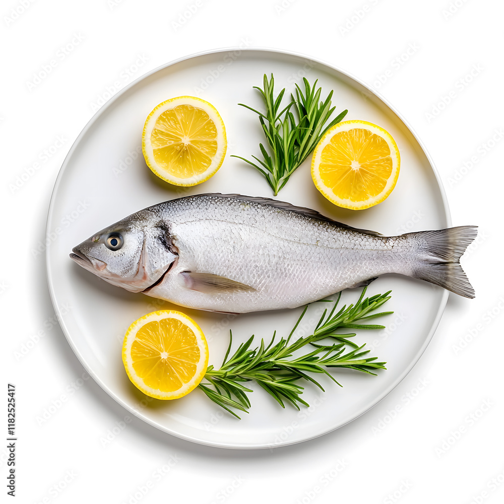Fresh Raw Whole Sea Fish with Lemon on plate top view isolated on white background Fresh Raw Whole Sea Fish with Lemon on plate top view isolated on white background