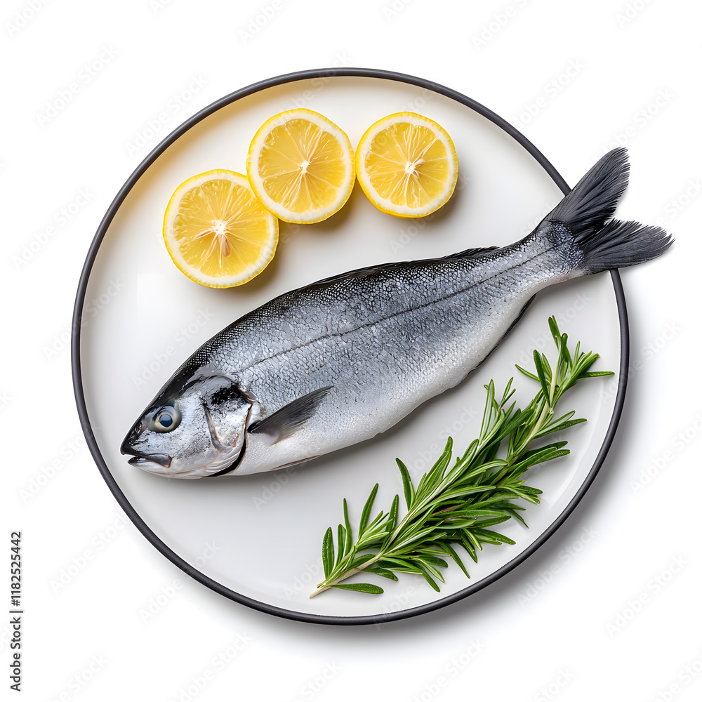 Fresh Raw Whole Sea Fish with Lemon on plate top view isolated on white background Fresh Raw Whole Sea Fish with Lemon on plate top view isolated on white background