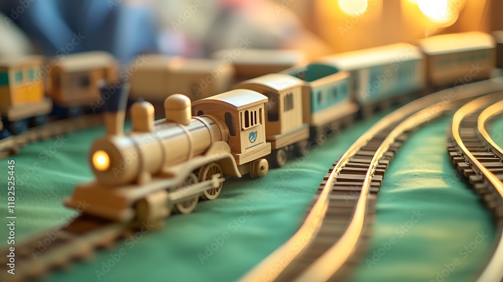 Wooden toy train set arranged neatly on a soft green surface with soft lighting Wooden toy train set arranged neatly on a soft green surface with soft lighting