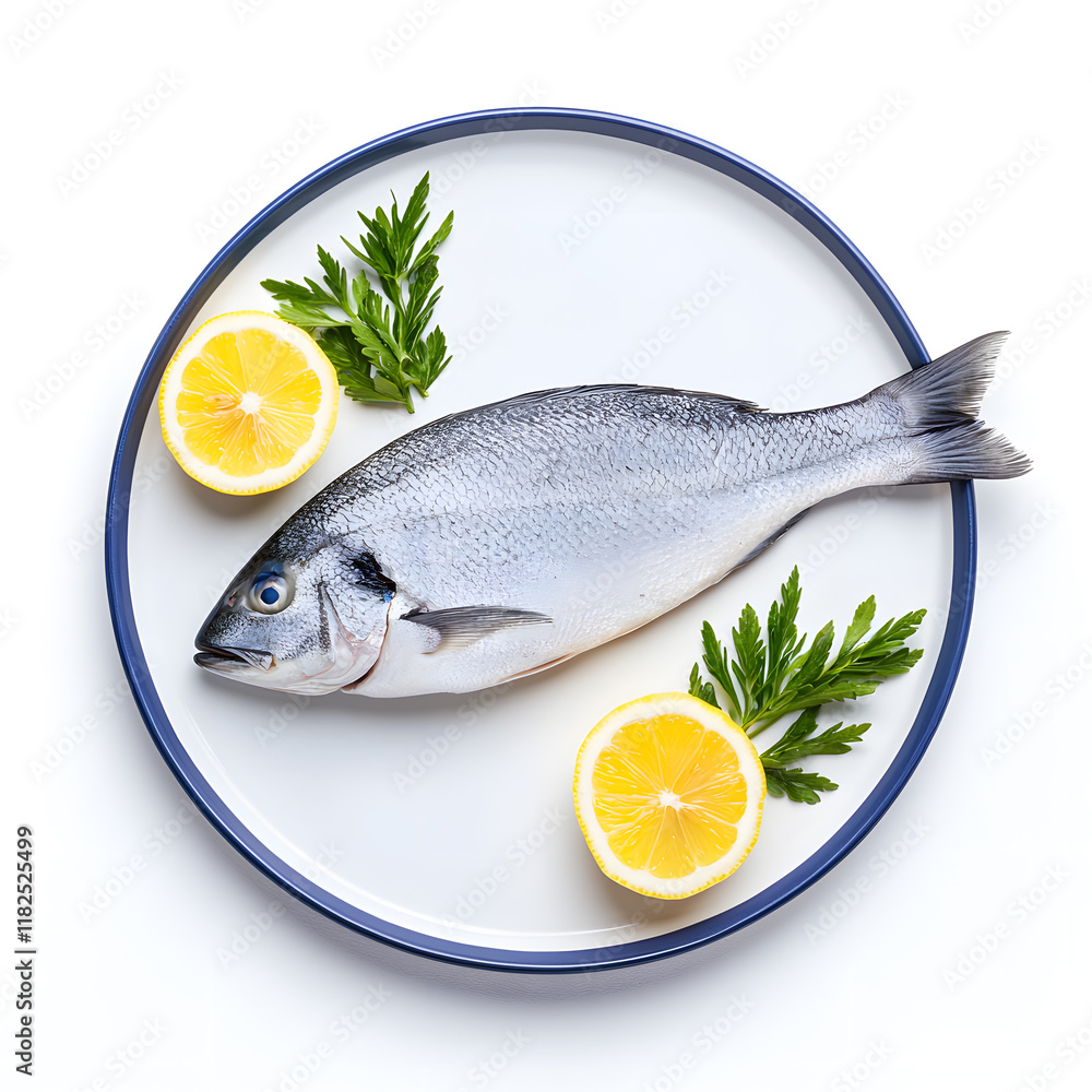 Fresh Raw Whole Sea Fish with Lemon on plate top view isolated on white background Fresh Raw Whole Sea Fish with Lemon on plate top view isolated on white background
