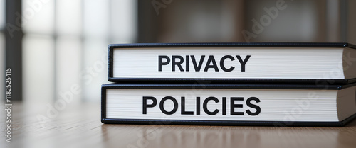 Privacy policies concept with hardcover books on wooden surface, bold titles ‘Privacy’ and ‘Policies’ in black, professional business setting.