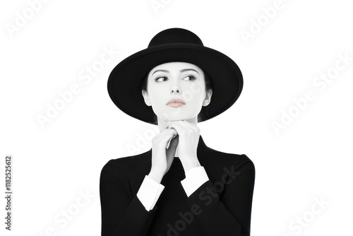 A woman in black hat and suit gazes thoughtfully, her hands gently clasped under her chin, set against transparency background. monochrome style adds classic, timeless feel