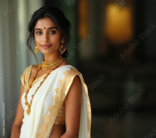 Caucasian model in Kasavu saree with a sleeveless blouse and mango mala, half-body portrait.

 photo