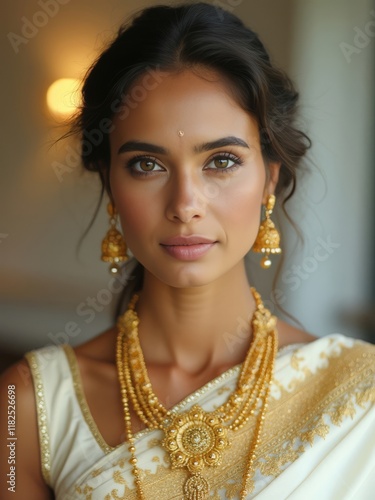 Caucasian model in Kasavu saree with a sleeveless blouse and mango mala, half-body portrait.

 photo