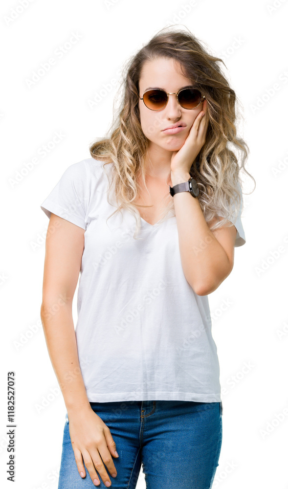 Beautiful young blonde woman wearing sunglasses over isolated background thinking looking tired and bored with depression problems with crossed arms. Beautiful young blonde woman wearing sunglasses over isolated background thinking looking tired and bored with depression problems with crossed arms.