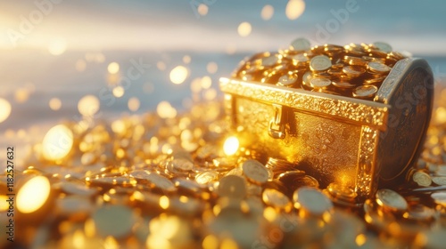 Golden treasure chest overflowing with gleaming coins, set against a vibrant backdrop, symbolizing wealth and adventure. photo