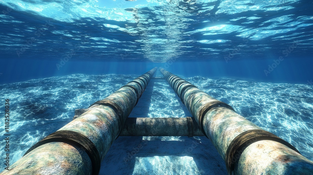 3D illustration of an oil pipeline situated on the ocean floor beneath the waters surface 3D illustration of an oil pipeline situated on the ocean floor beneath the waters surface