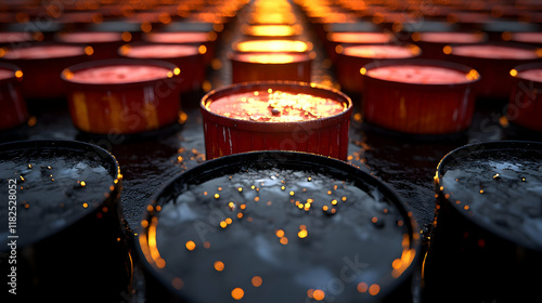 Rows of Oil Barrels 3D Render: Glistening Dark and Red Cylinders photo