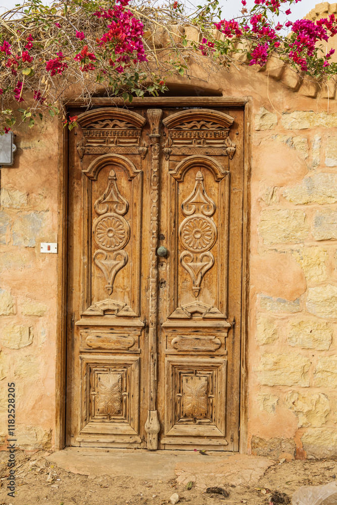 Faiyum, Egypt. Wooden door in a wall. Faiyum, Egypt. Wooden door in a wall.