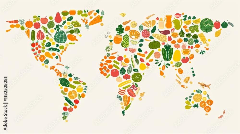 Fototapeta premium World map of fruits and vegetables imagery in vibrant colors
