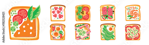 Toast with Bread and Different Top Ingredients Vector Set