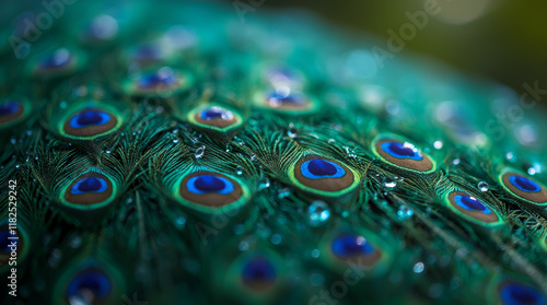 Macro shot of water droplets caught on the shimmering tail feathers of a peacock